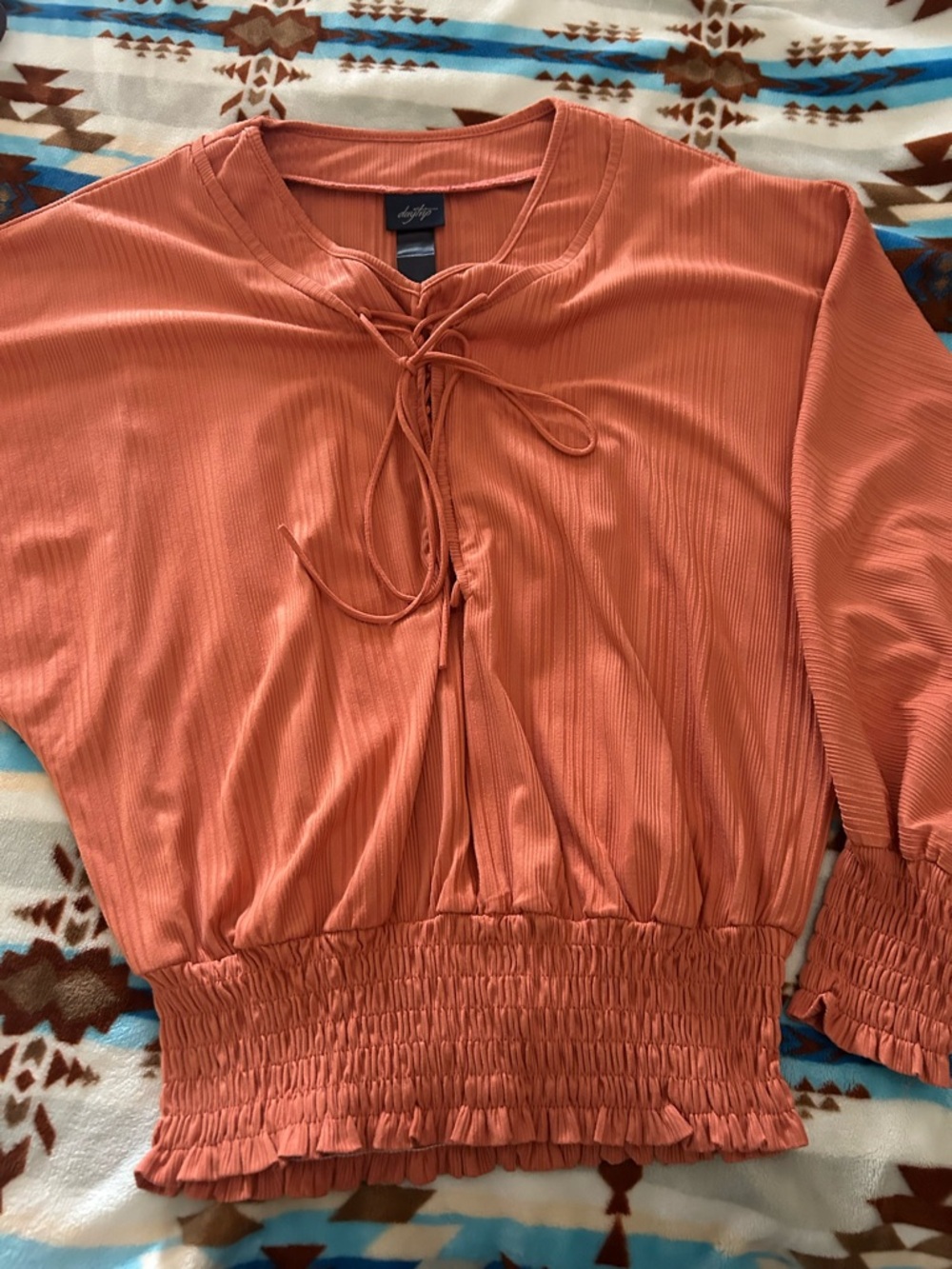 Daytrip Rust Lace-Up Smocked Waist Top